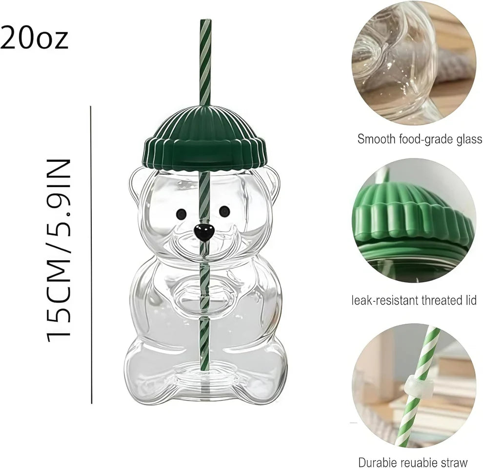 Premium Teddy Bear Glass Tumbler with Straw & Lid (550ML)
