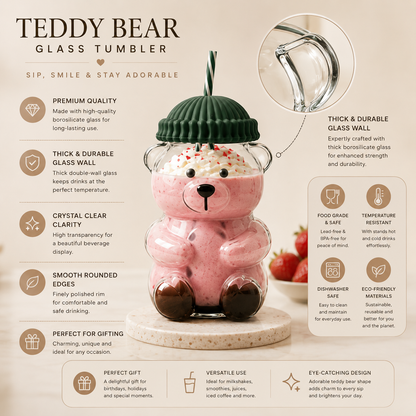 Premium Teddy Bear Glass Tumbler with Straw & Lid (550ML)