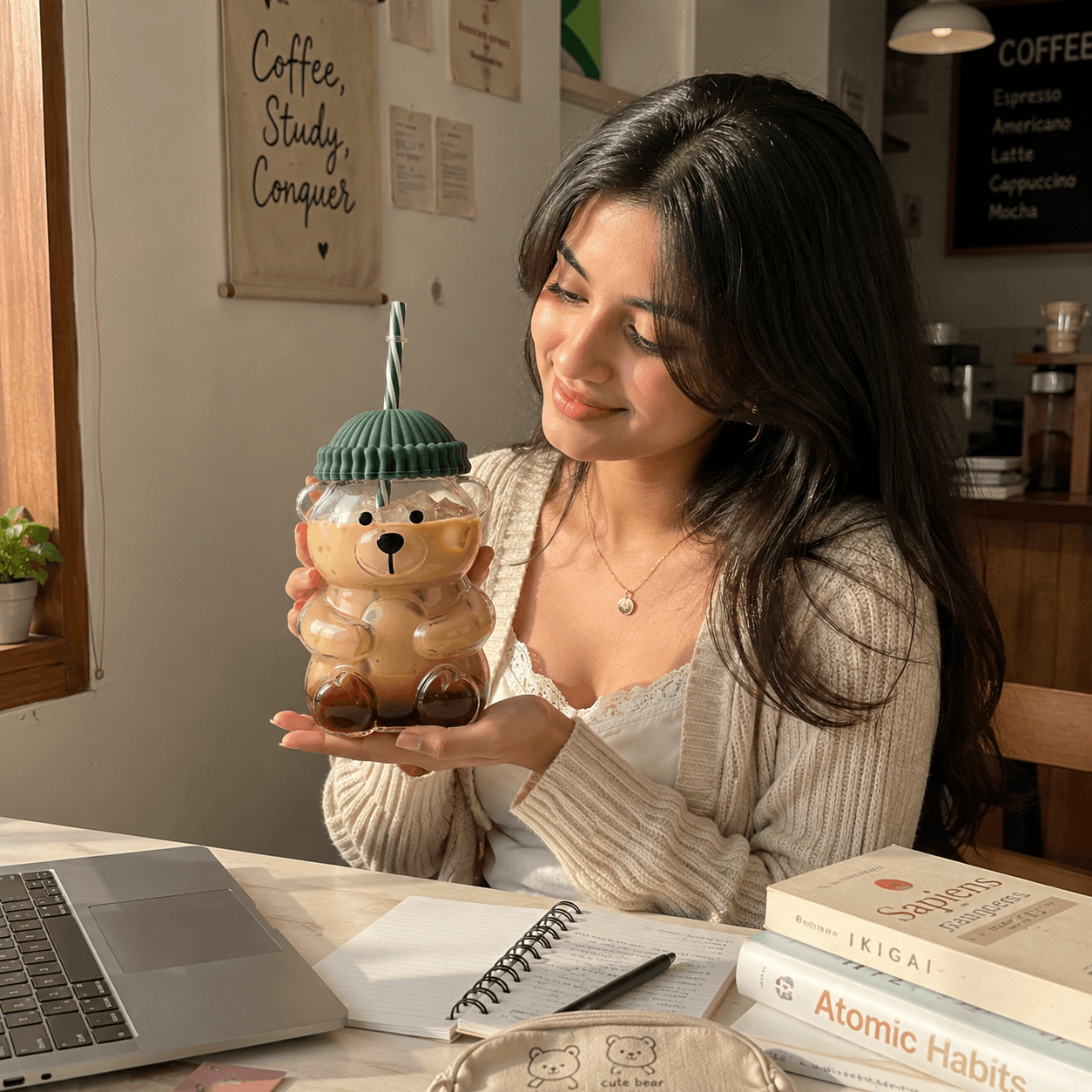 Premium Teddy Bear Glass Tumbler with Straw & Lid (550ML)