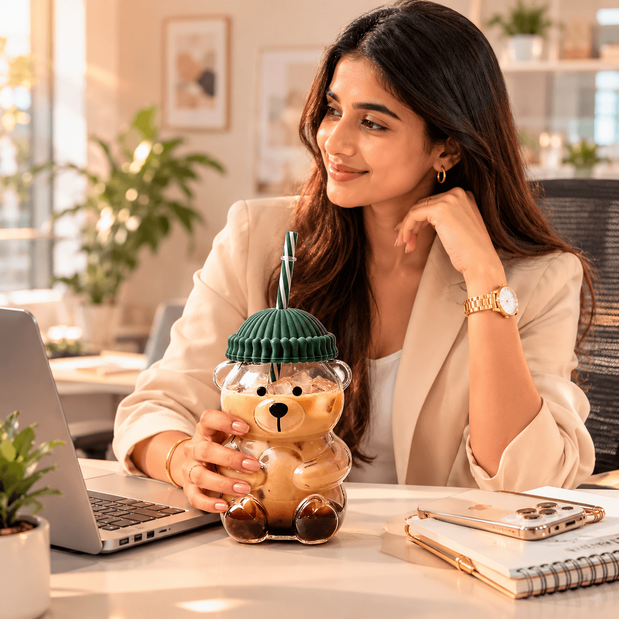 Premium Teddy Bear Glass Tumbler with Straw & Lid (550ML)