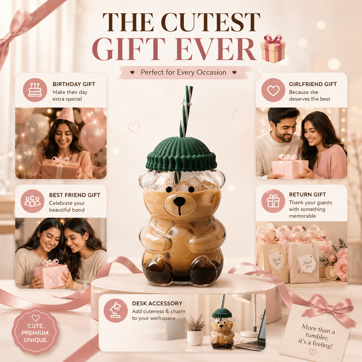 Premium Teddy Bear Glass Tumbler with Straw & Lid (550ML)