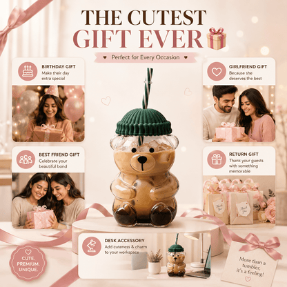 Premium Teddy Bear Glass Tumbler with Straw & Lid (550ML)