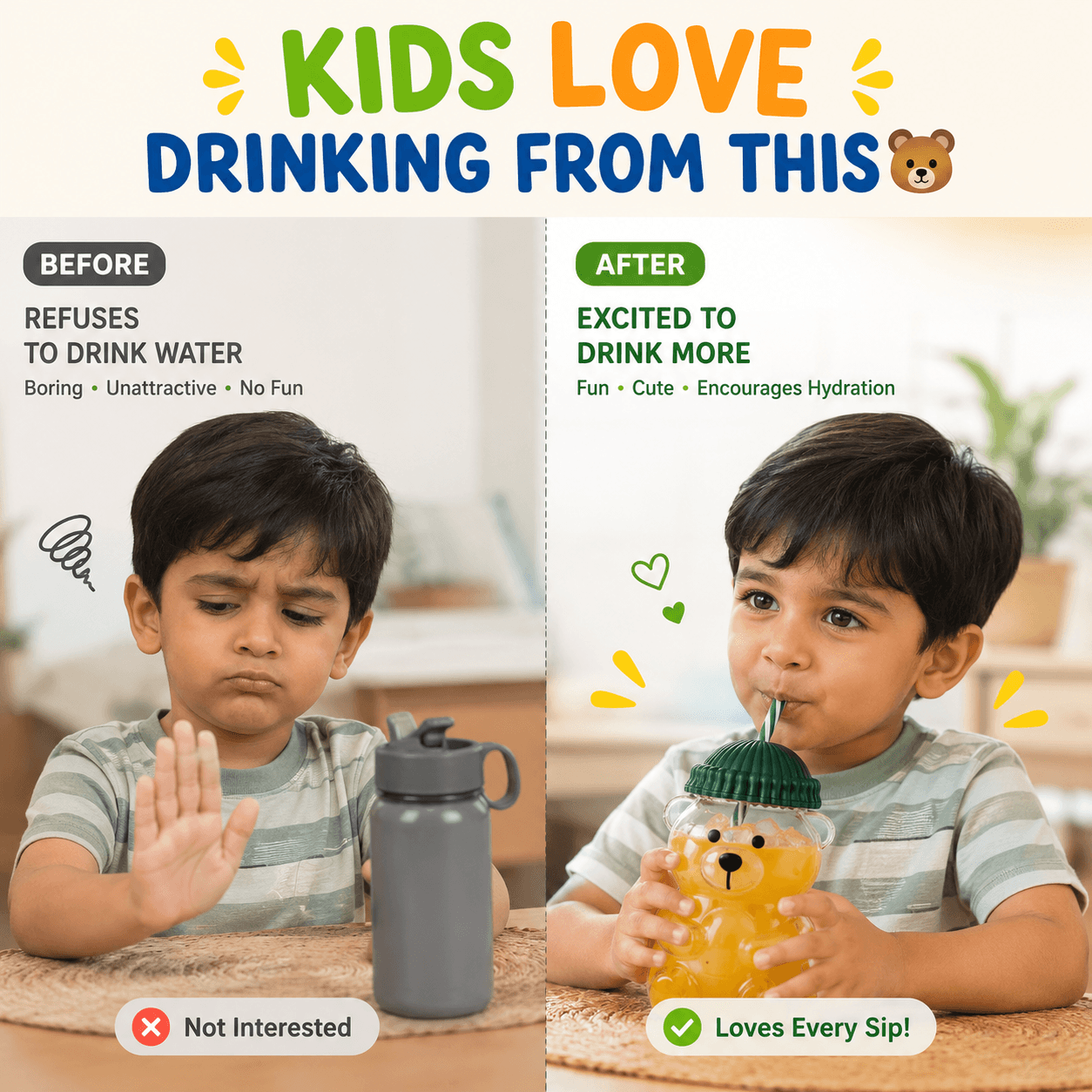 Premium Teddy Bear Glass Tumbler with Straw & Lid (550ML)