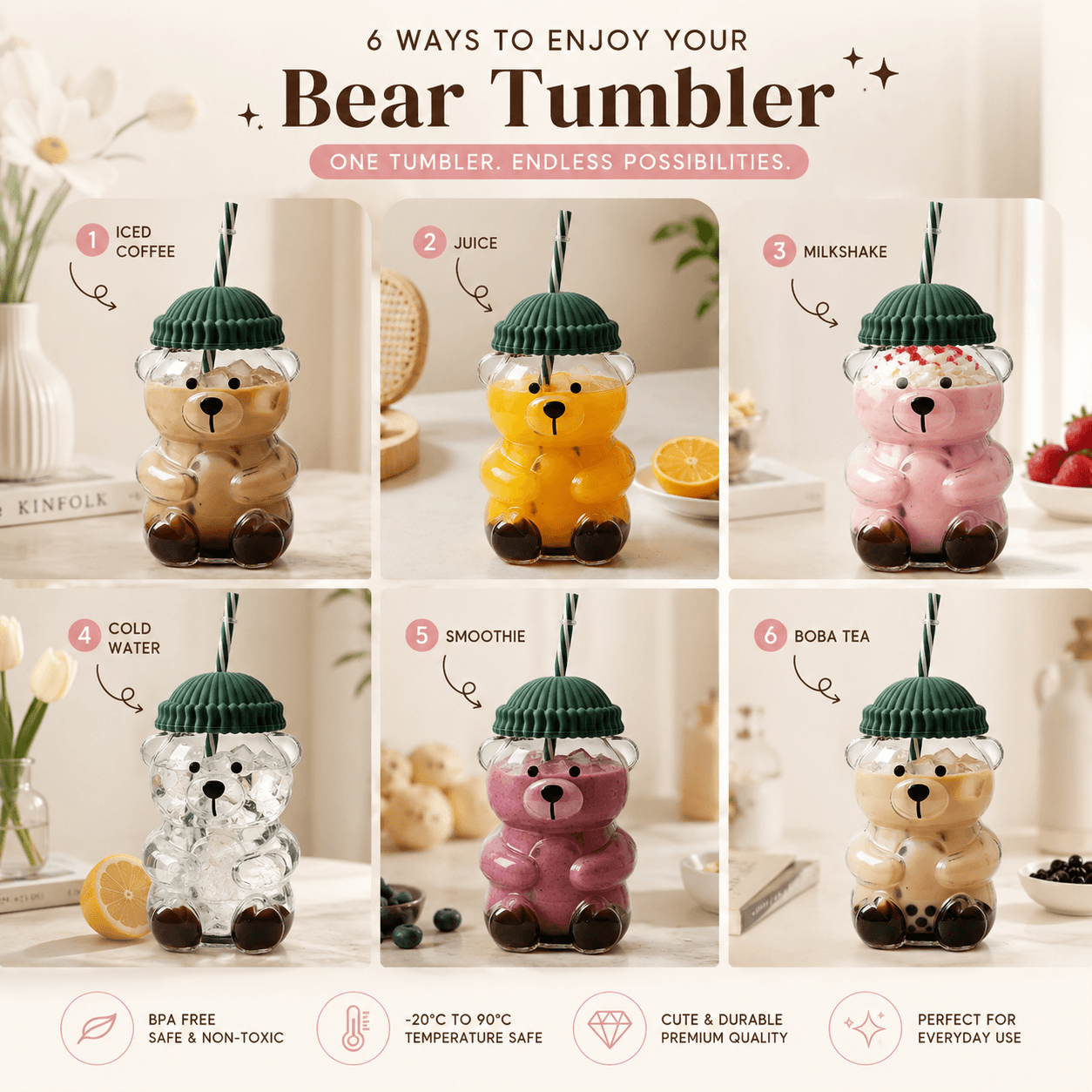 Premium Teddy Bear Glass Tumbler with Straw & Lid (550ML)